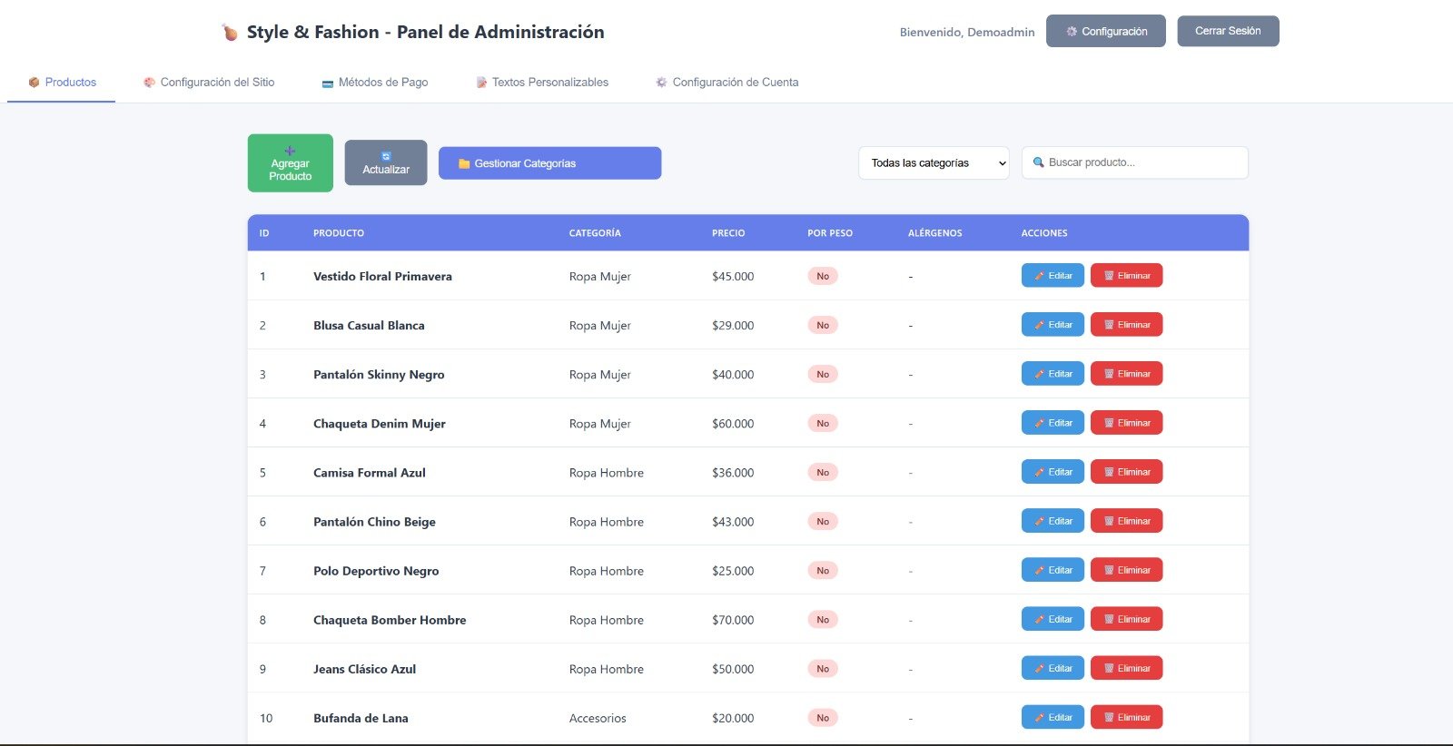 Panel de administración — gestión de productos Ventabot